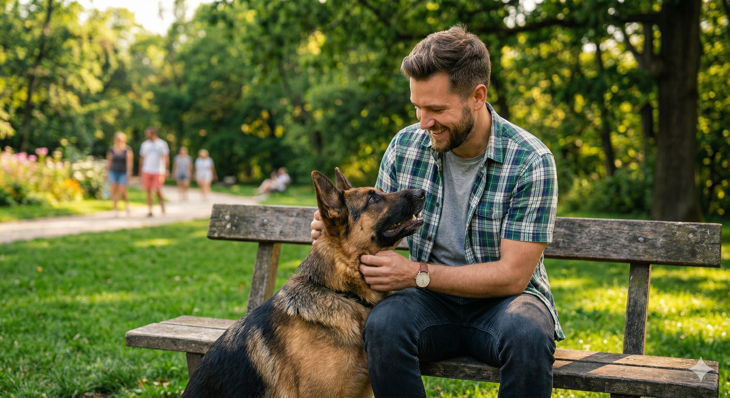 Dueño acariciando a su perro tranquilo